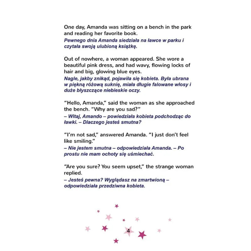 Discover "Dual Language Book Amanda's Dream English/Polish Children's Book": a short story featuring Amanda reading on a bench. Polish text appears in bold blue with pink and purple stars on a white background.