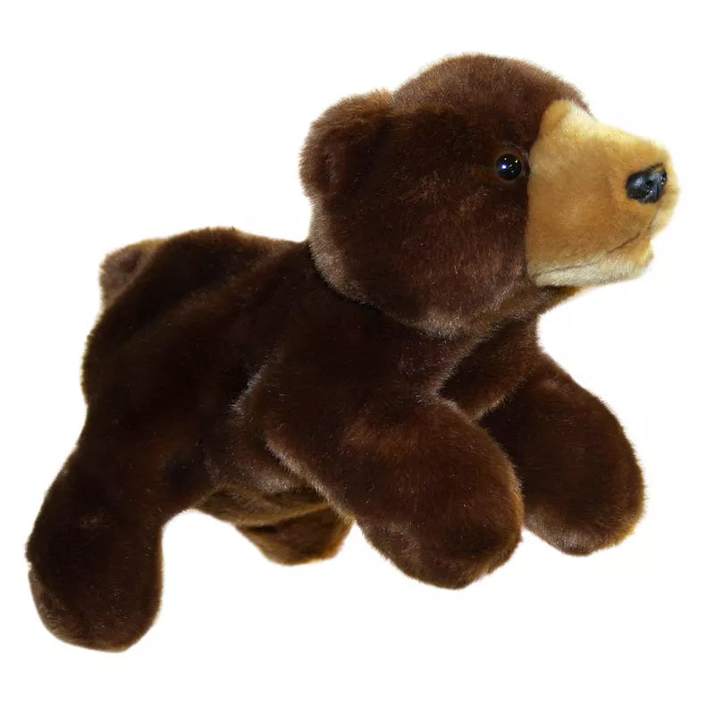 A full-bodied hand puppet bear on a white background.