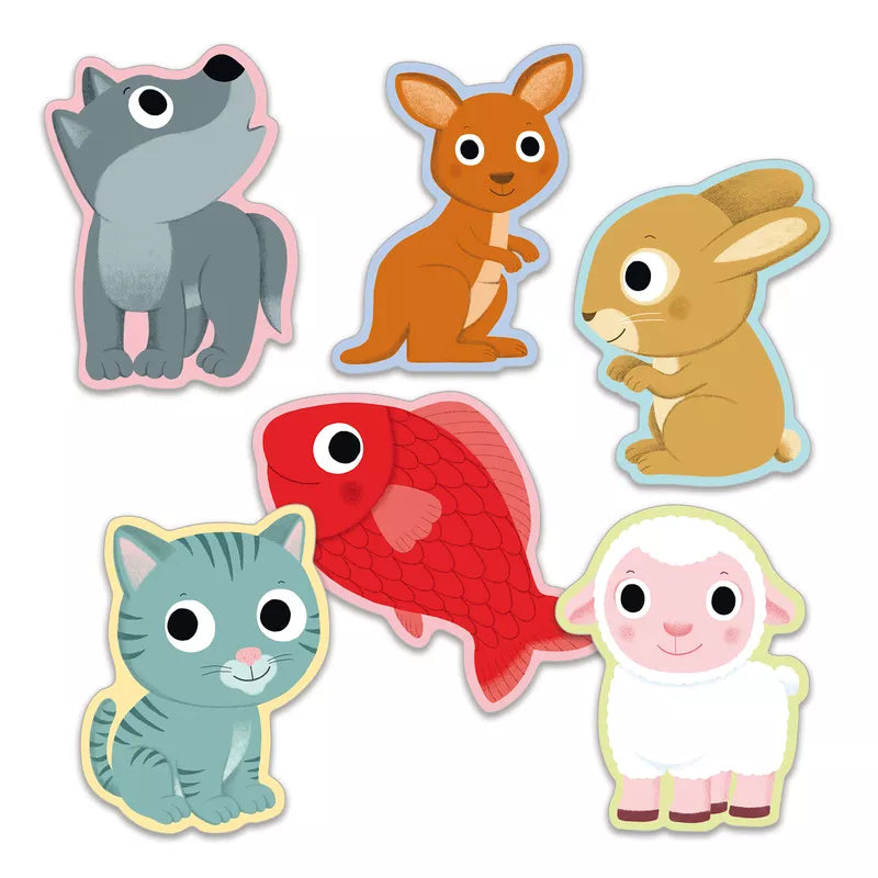 Illustration of six cute, cartoon-style animals with large, expressive eyes: a gray wolf, an orange kangaroo, a brown rabbit, a red fish, a gray cat, and a white lamb. Each animal is shown separately in a sticker-like design against a white background—perfect for miming games or animal imitation inspired by Djeco Toddler Game Little Mime.