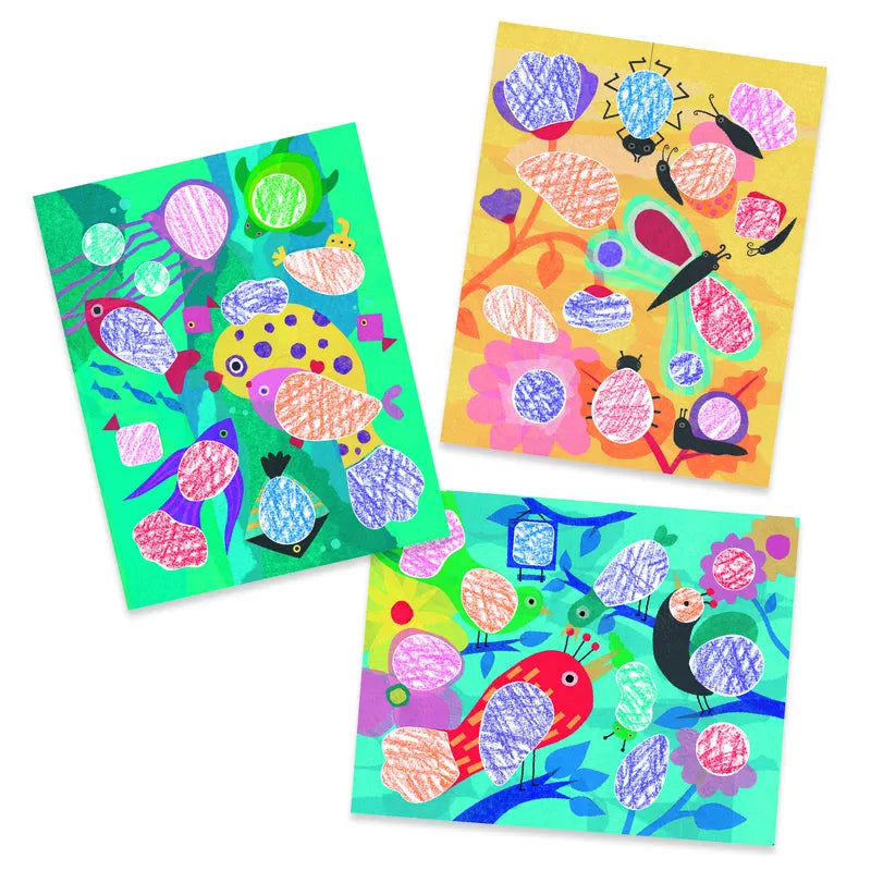 A beginner's Djeco Colouring Birdie & Co set featuring a set of cards with birds and flowers on FSC® certified paper, suitable for children aged 18 months and up.