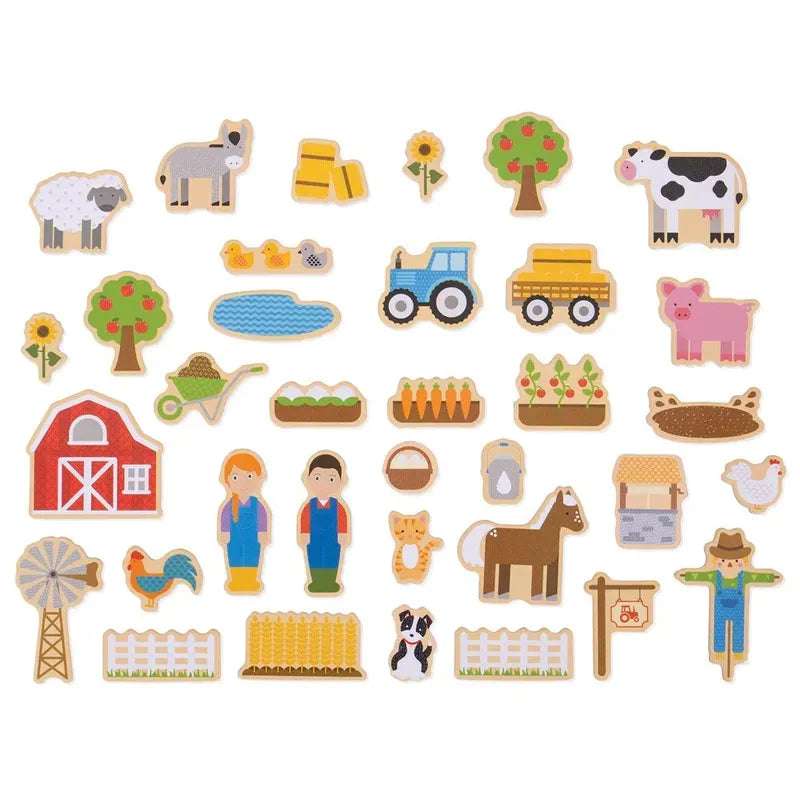Bigjigs Farm Magnets are educational toys with farm-themed illustrations, featuring animals such as cows, pigs, and sheep, along with a barn, tractor, and windmill. Each wooden magnet is perfect for introducing vocabulary and is designed on a light background.
