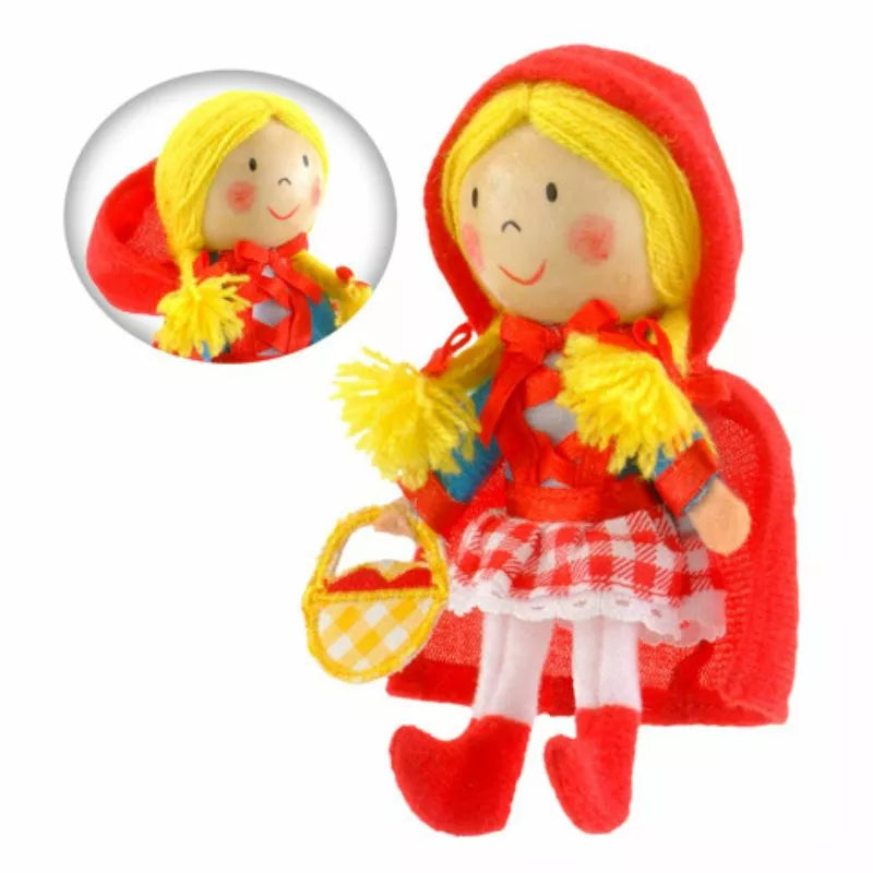 A Fiesta Crafts Red Riding Hood Finger Puppet with a red cape.