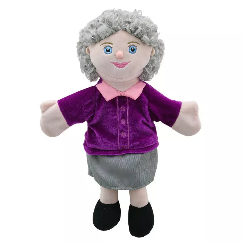 Hand Puppet of a Grandma with colourful clothes and quality embroidered facial features. Big enough to be used by children and adults.