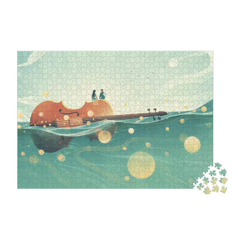 A Janod Puzzle Violin Voyage - 1000 Pcs of a boat floating on a body of water.