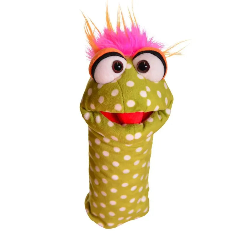 The Living Puppets Brabbel Hand Puppet, featuring green polka dots, big round eyes, bright pink eyebrows, orange hair, and a wide red mouth, is perfect for imaginative play and is pictured on a white background.
