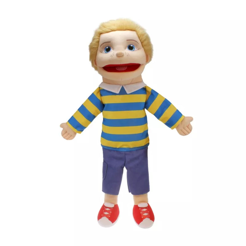 A tall Hand Puppet of a Boy with Light Skin Tone, mouth moving and 57cm tall. Colourful clothes and detailed embroidered features and hair.