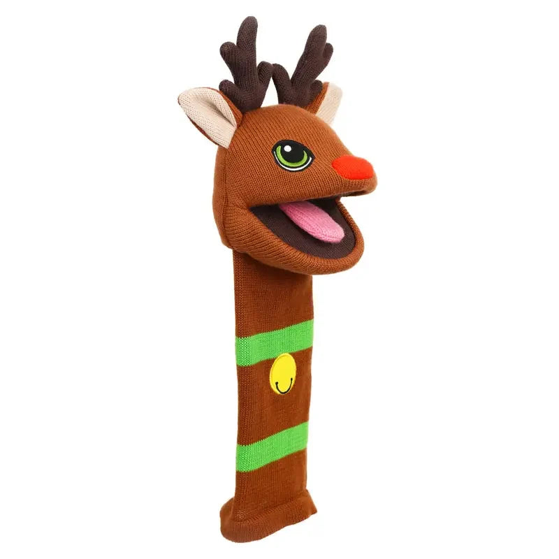 The Puppet Company Sockette Reindeer is a brown sock puppet with antlers, a red nose, and a big smiling mouth. It features green stripes and a yellow button on its body, making it the perfect knitted Christmas puppet for a festive holiday gift.
