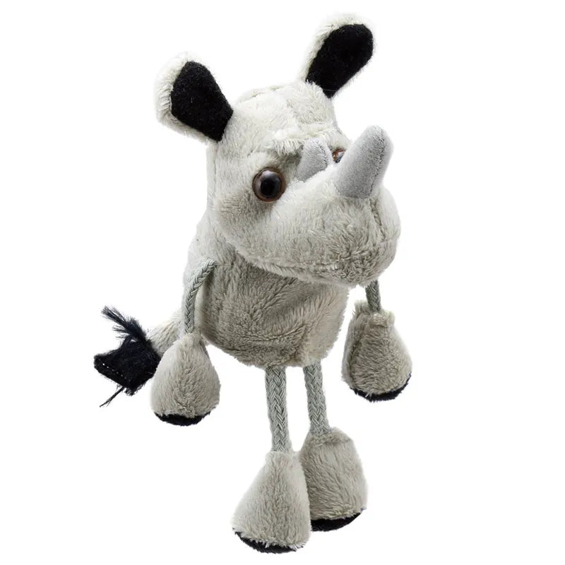 Introducing The Puppet Company Rhino Finger Puppet: a delightful plush toy crafted in the likeness of a rhinoceros. With its oversized legs, distinctive horn on the forehead, and prominent black eyes, nose, ears, and tail tip, this finger puppet brings imaginative adventures to life against a plain white background.