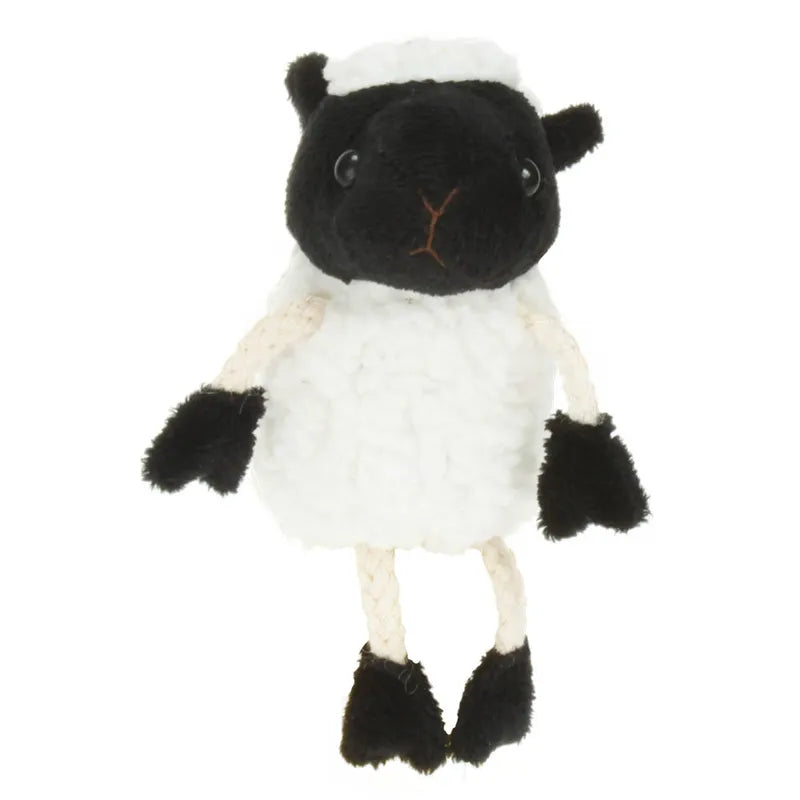 The Puppet Company White Sheep Finger Puppet, designed like a plush toy with a black face, black ears, and a white woolly body, enhances the bedtime experience. It features two rope-like legs and a small tail, perfect for adding fun to storytime.
