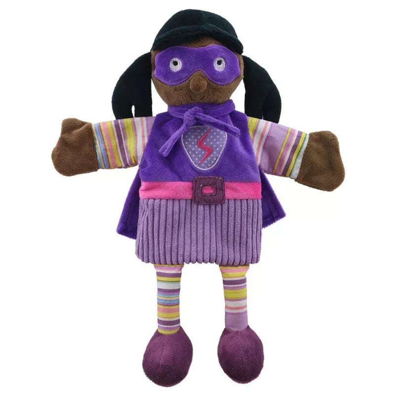Hand Puppet of a Super Hero Girl with colourful clothes and quality embroidered facial features. Big enough to be used by children and adults.