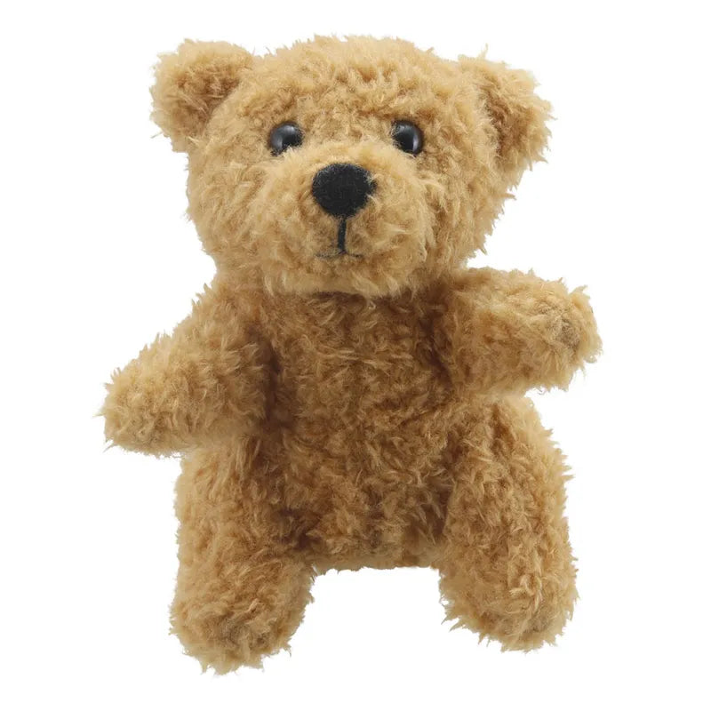 The Puppet Company Teddy Bear Finger Puppet is a small, fluffy brown bear with black eyes and nose, sitting upright with its arms slightly spread, ready for storytime adventures.