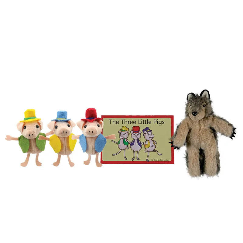 The Puppet Company Finger Puppet Story Set "The Three Little Pigs" features plush finger puppets of three pigs dressed in vibrant hats and vests, alongside a gray wolf, complete with a captivating “The Three Little Pigs” book. It’s perfect for imaginative play and bringing stories to life.