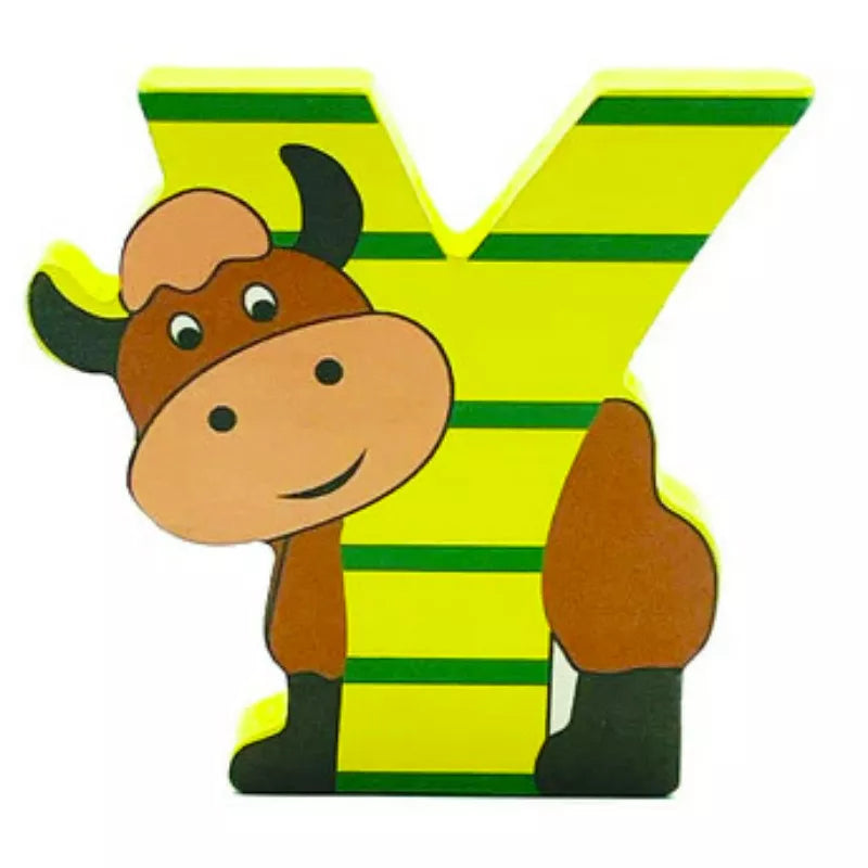 A Wooden Letter Animal-Y with a cartoon cow on it.
