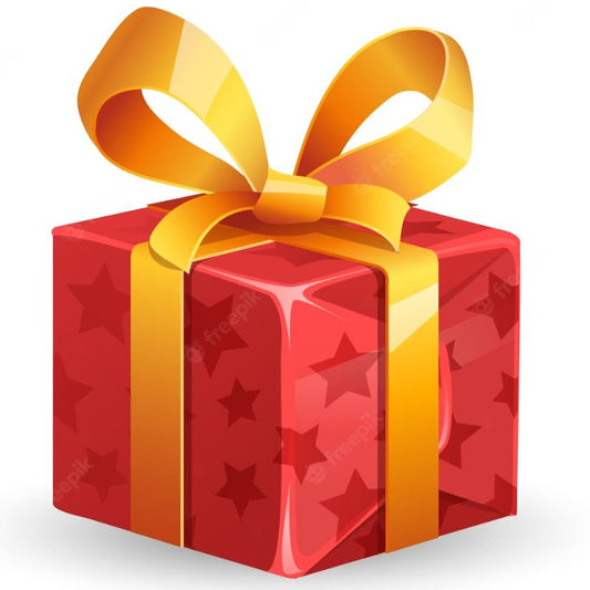 Box wrapped in red paper with stars with a golden ribbon and a knot around it.