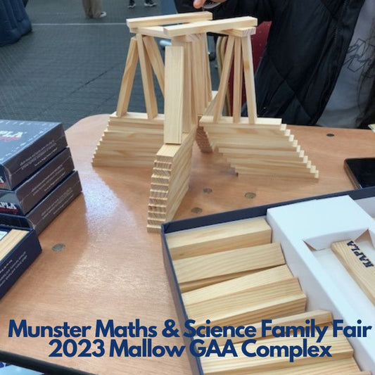Wooden planks stacked up on a table showing the base o fthe Eiffel Tower.