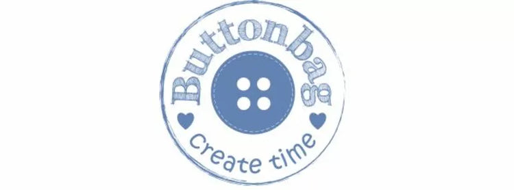 Logo with a blue stitched circle, a button in the center, the word "Buttonbag" curved around the top, "Create time" at the bottom, and two small hearts on each side.