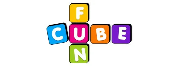 A set of six coloured blocks, each with a different colour and letter, to spell the brand CubeFun.and Fun.