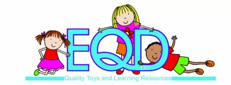 Three smiling cartoon children pose playfully around large blue letters "EQD." Below, light blue text reads "Quality Toys and Learning Resources.