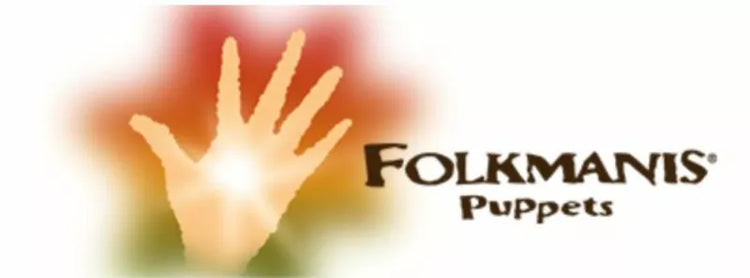 A stylized image of an illuminated hand with a rainbow gradient background, next to the text "Folkmanis Puppets" in decorative font.