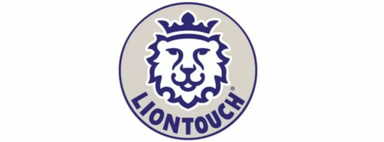Circular logo with a stylized lion's head wearing a crown, outlined in blue with the word "LIONTOUCH" below the face in bold blue letters.