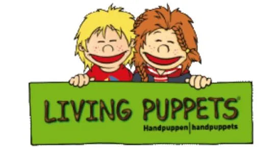 Two cartoon puppets with big smiles hold a green sign that reads "LIVING PUPPETS" in bold letters, with "Handpuppen | handpuppets" written underneath.