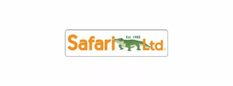 Safari Ltd. logo with orange text and a green alligator in the center. The words "Est. 1982" appear above the alligator. The logo is on a white background.