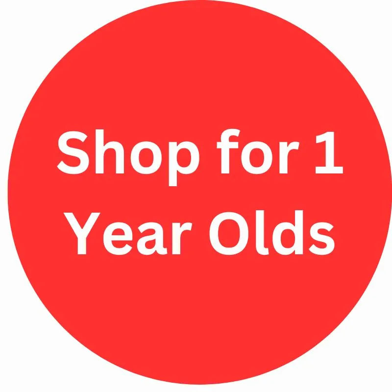 Red circle with white text that reads "Shop for 1 Year Olds.