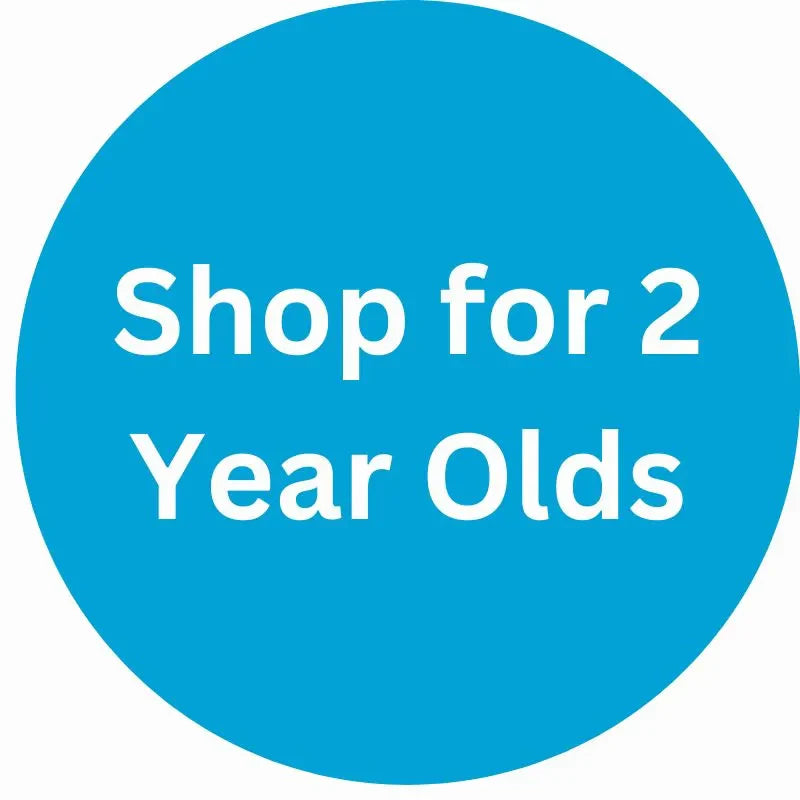 Blue circle with white text that reads "Shop for 2 Year Olds.