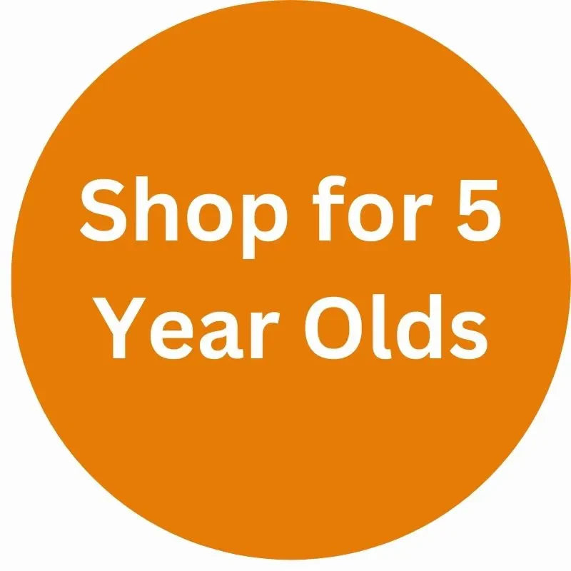 Orange circle with white text that says, "Shop for 5 Year Olds.