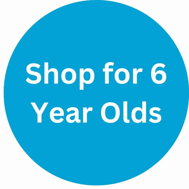 Blue circle with white text that reads, "Shop for 6 Year Olds.