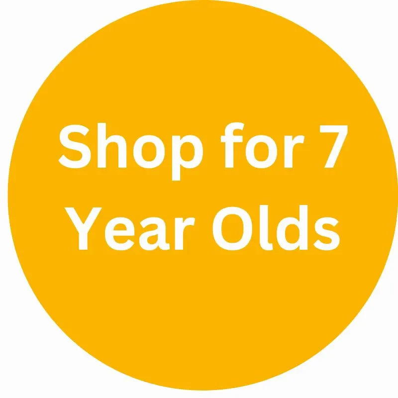 A yellow circle with white text that says "Shop for 7 Year Olds.