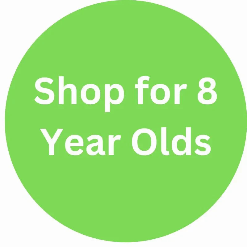 A green circle with white text that says, "Shop for 8 Year Olds.