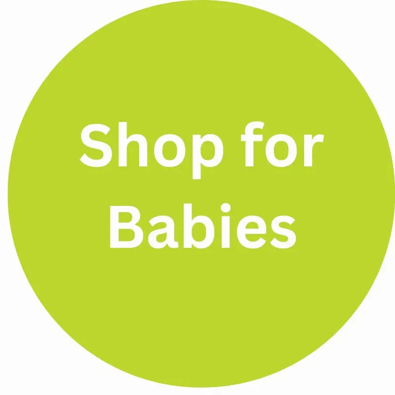 A bright green circle with the white text "Shop for Babies" centered inside.