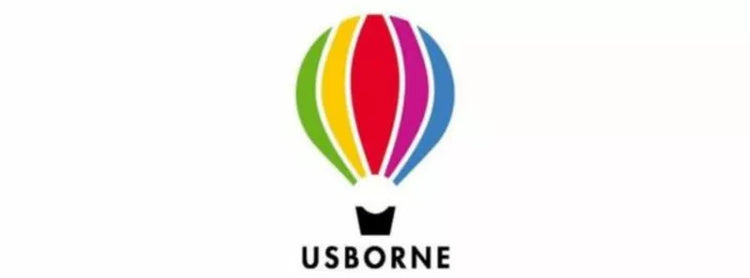 Colorful hot air balloon logo with green, yellow, orange, blue, and red stripes above a black basket, and the word "USBORNE" in bold black letters underneath on a white background.