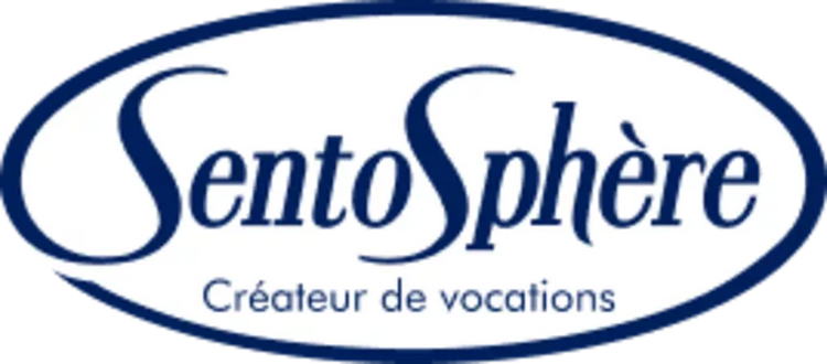 Logo of Sentosphère with the text "Sentosphère" in blue cursive inside an oval, and "Créateur de vocations" written below in smaller blue font.