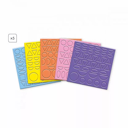 A set of five Janod 3 Years - Geometric Stickers designed to enhance fine motor skills, in various geometric shapes on a white background.