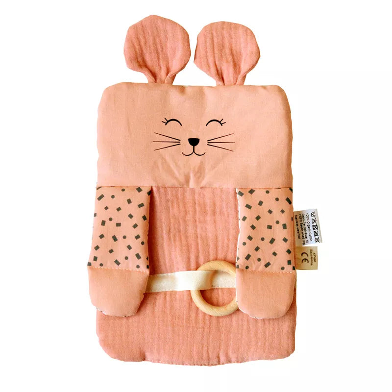 a pink Organic Activity Baby Toy Mouse with a cat design on it.