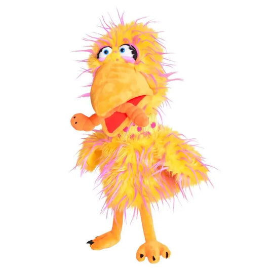 The Living Puppets Albert the Albatros Hand Puppet features fluffy yellow and pink feathers, big eyes, an orange beak and feet, and stands upright with one wing raised—perfect for lively storytime fun.