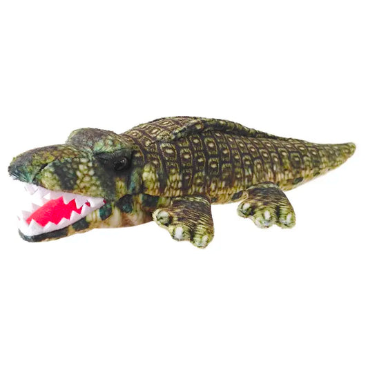 The Puppet Company Alligator Finger Puppet from the Little Creatures range features a green patterned body, white teeth, and a red mouth. This playful alligator lies on its stomach with an open mouth and friendly expression.