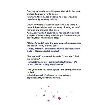Discover "Dual Language Book Amanda's Dream English/Polish Children's Book": a short story featuring Amanda reading on a bench. Polish text appears in bold blue with pink and purple stars on a white background.