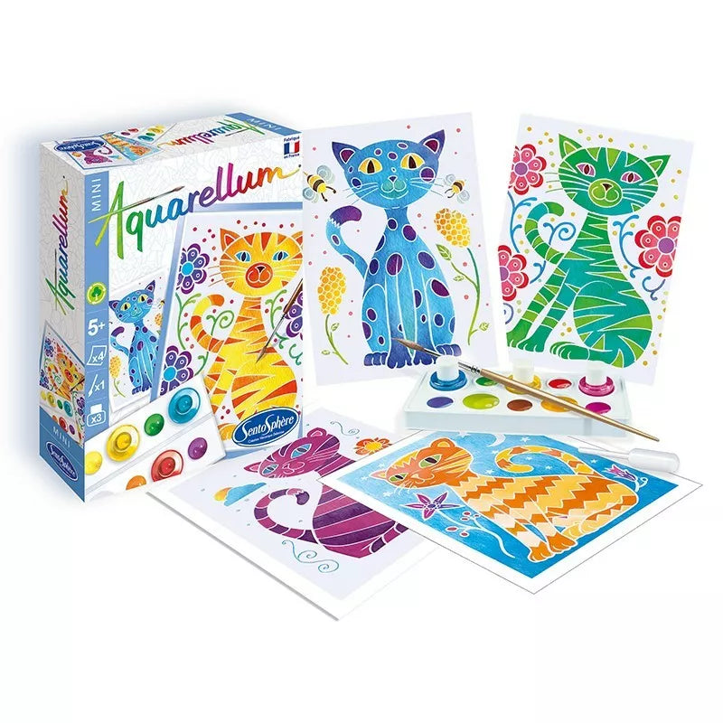 A box of Sentosphere Aquarellum Mini Cats painting colours, brushes, and a toy box of paints.