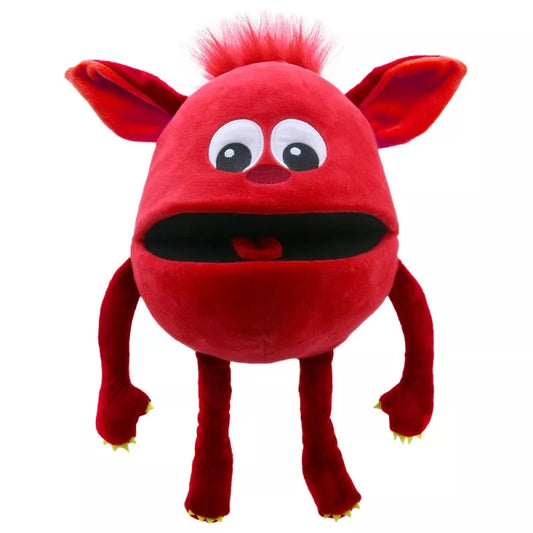 A Baby Monster Red hand puppet, with a head a large as a melon. It has big sweet eyes and is mouth moving.