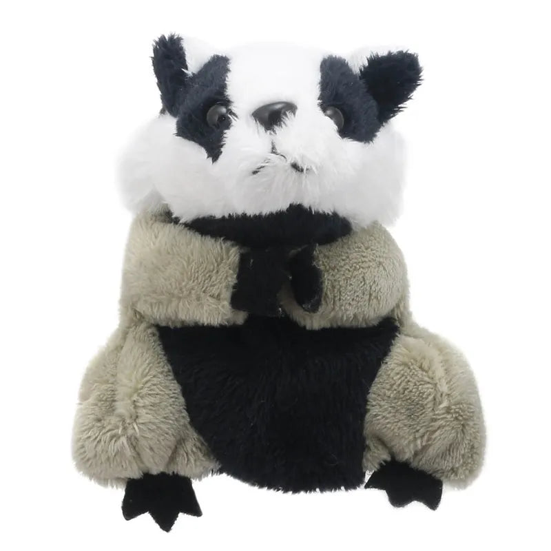The Puppet Company Badger Finger Puppet is a soft toy shaped like a badger, featuring black and white fur, small ears, and rounded limbs—ideal for cuddles or imaginative storytelling. Sits upright against a white background.