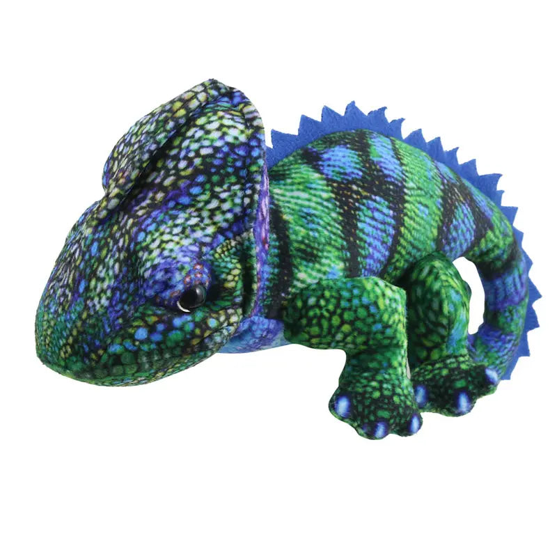 The Puppet Company Chameleon (Blue-Green) Finger Puppet from the Little Creatures Range features vibrant blue, green, and black patterns, a textured look, large black eyes, a back ridge, and playful character.