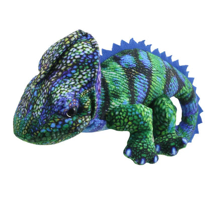 The Puppet Company Chameleon (Blue-Green) Finger Puppet from the Little Creatures Range features vibrant blue, green, and black patterns, a textured look, large black eyes, a back ridge, and playful character.