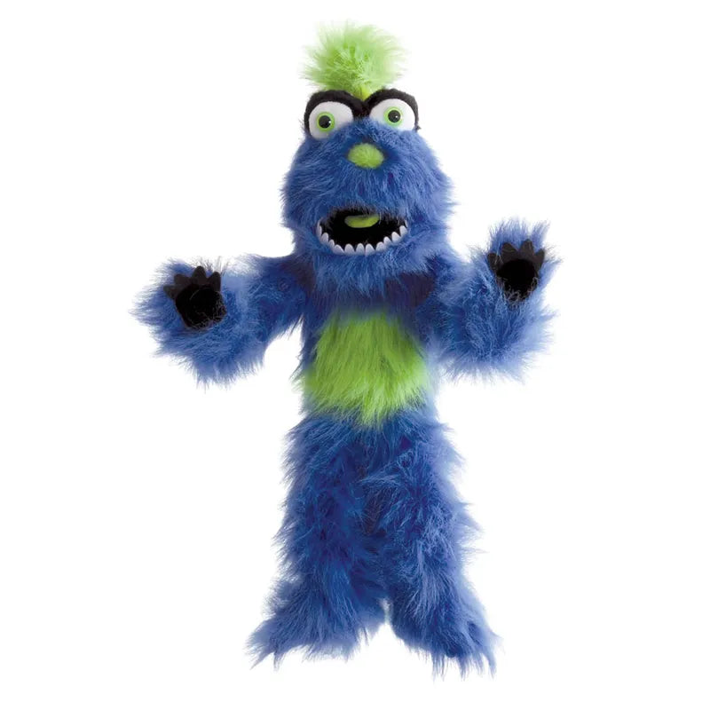 The Puppet Company Blue Monster is a furry puppet in blue and green with wide eyes and a playful expression. It stands upright with a tuft of light green hair on its head and its arms raised, showcasing the exaggerated cartoon-like features typical of classic monster puppet designs.