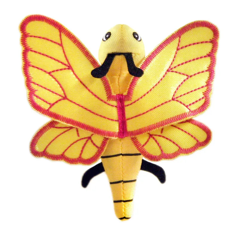 The Puppet Company Yellow Butterfly Finger Puppet is a delightful plush toy designed in the shape of a yellow and black butterfly, featuring embroidered red wing outlines and a cheerful smile, making it an ideal whimsical finger puppet for storytelling adventures.