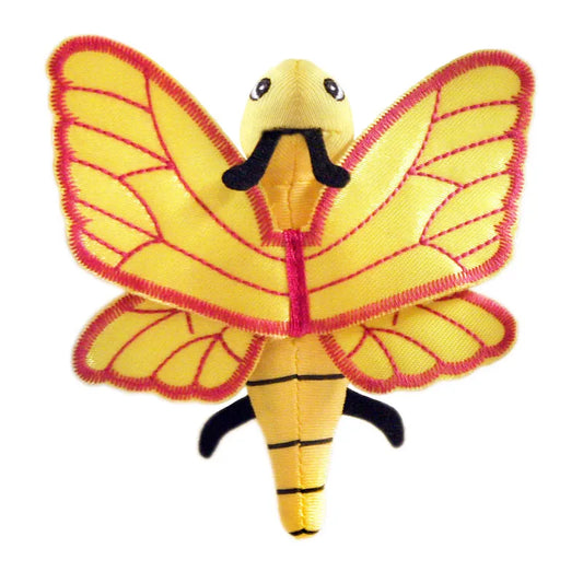 The Puppet Company Yellow Butterfly Finger Puppet is a delightful plush toy designed in the shape of a yellow and black butterfly, featuring embroidered red wing outlines and a cheerful smile, making it an ideal whimsical finger puppet for storytelling adventures.
