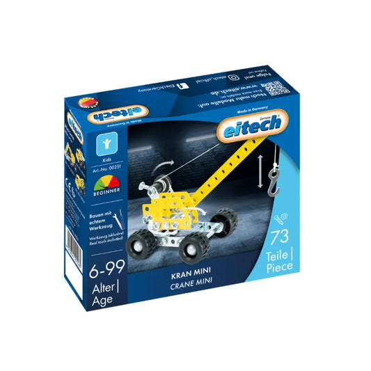 The Eitech Construction Mini Crane comes in a blue box with the assembled model image, brand logo, and details like 73 pieces; suitable for ages 6 to 99.