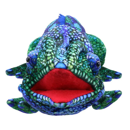 The Puppet Company Large Creature Chameleon Blue-Green is a vibrant hand puppet with bold blue-green patterns, big eyes, and a wide red mouth—ideal for imaginative play and educational fun.